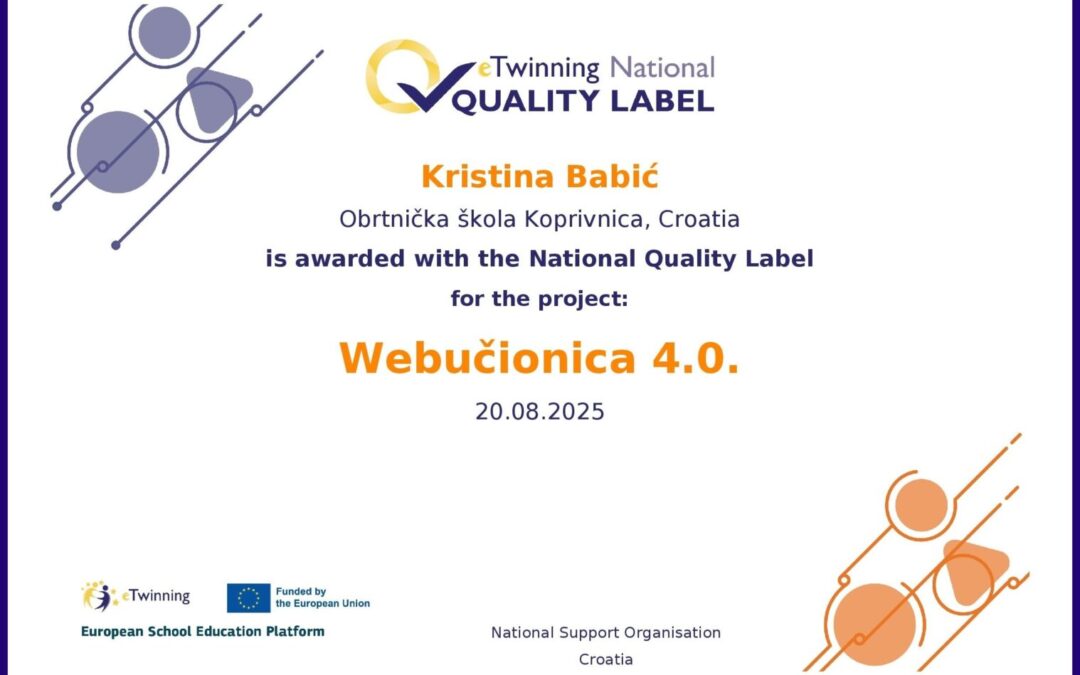 eTwinning Nacionalna oznaka kvalitete za projekt Webučionica 4.0